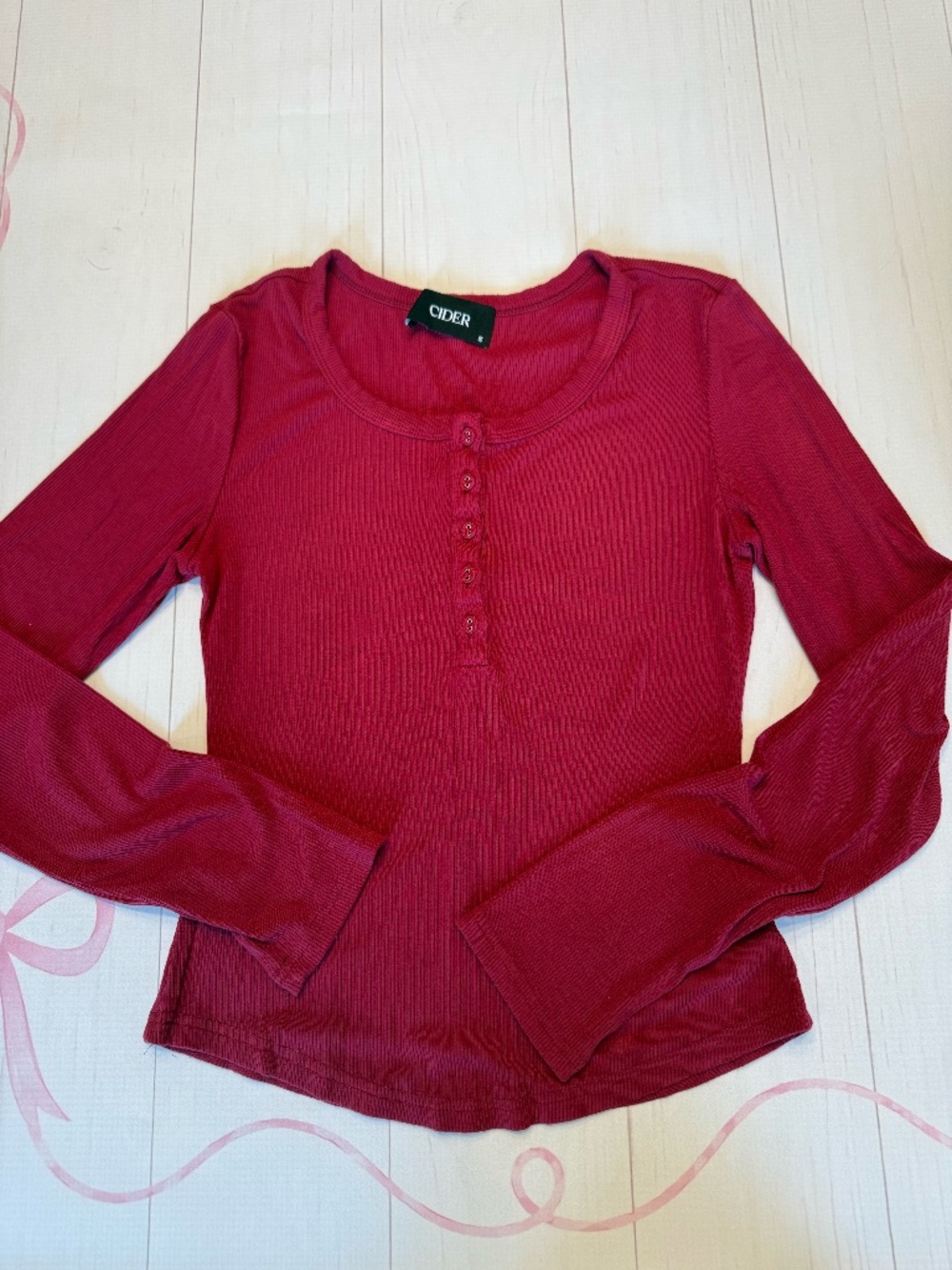Cider Solid Ribbed Long Sleeve Henley T-Shirt Wine Red Size S